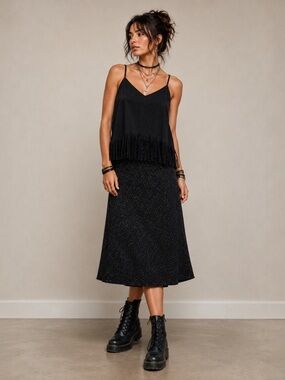 $129 A&O Black Beaded Merino Wool Knit Midi Skirt Stretch Lined Size L